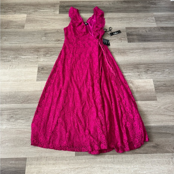 NWT Lulus Effortless elegance lace midi wrap dress magenta large L - Picture 5 of 9